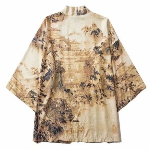 Japanese Tan Five Point Sleeved Kimono Jacket Size M - Picture 2 of 9